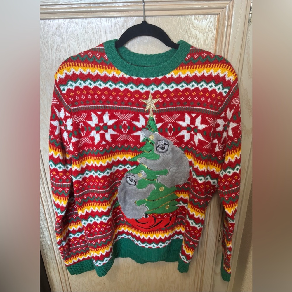 Ugly Christmas Sweater Sloths Tree Size M Fair Isle‎ Red Green Star